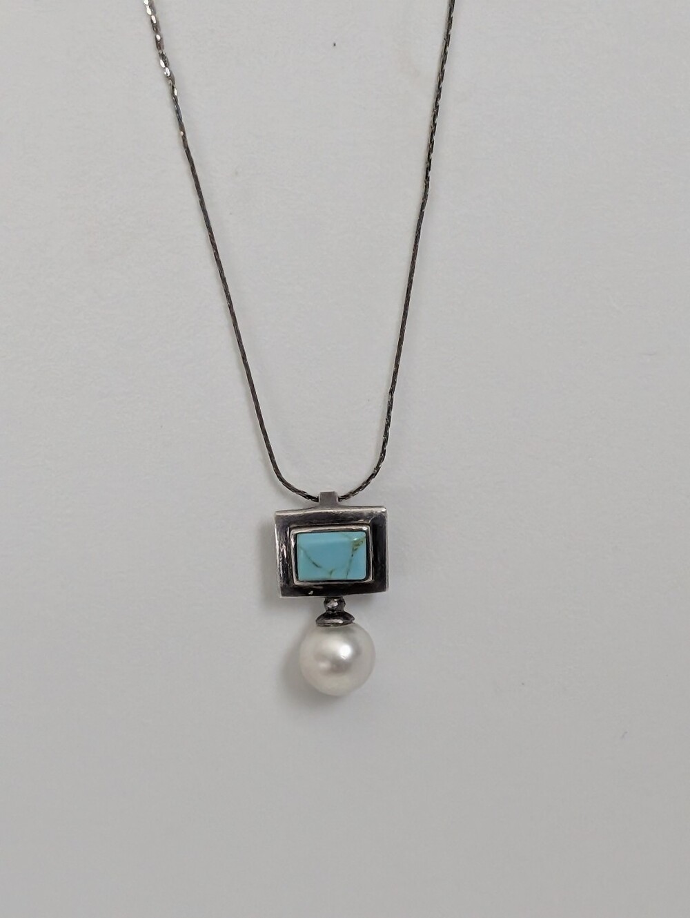 Turquoise & Pearl Sterling Pendant Necklace 925 - Picture 7 of 7